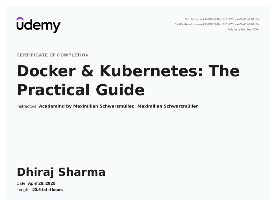 Udemy certificate of completion: Docker and Kubernetes, The Practical Guide