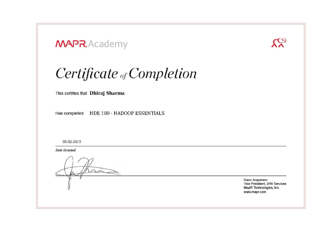 MapR certificate: HDE 100 Hadoop Essentials