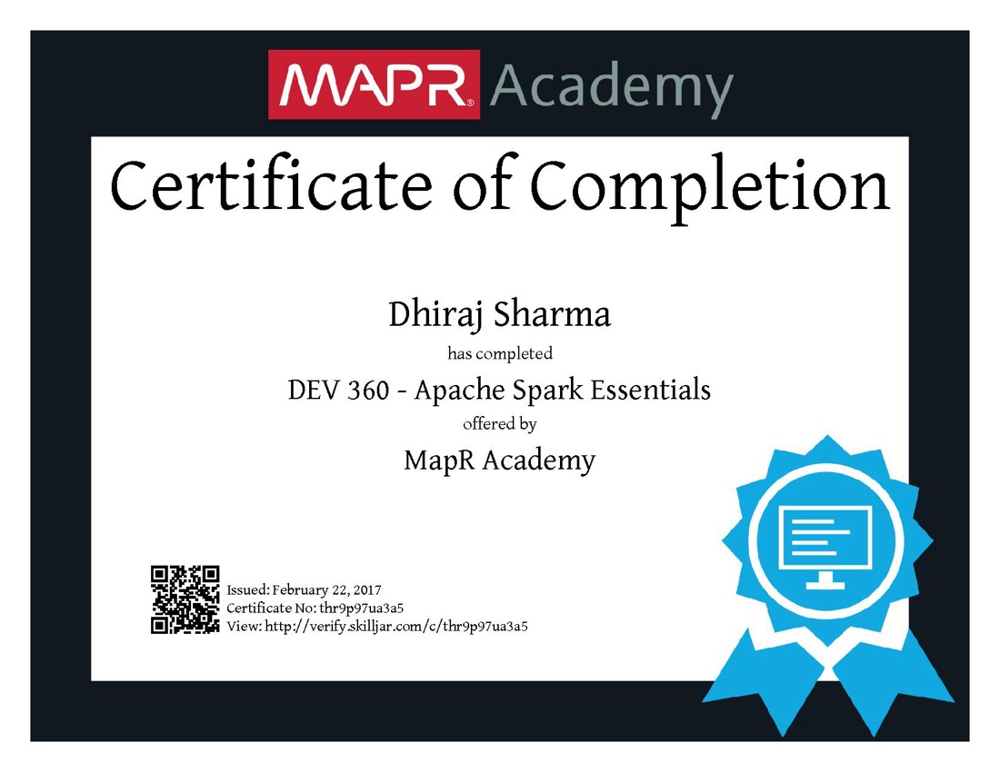 MapR Academy certificate of completion: DEV 360 Apache Spark Essentials