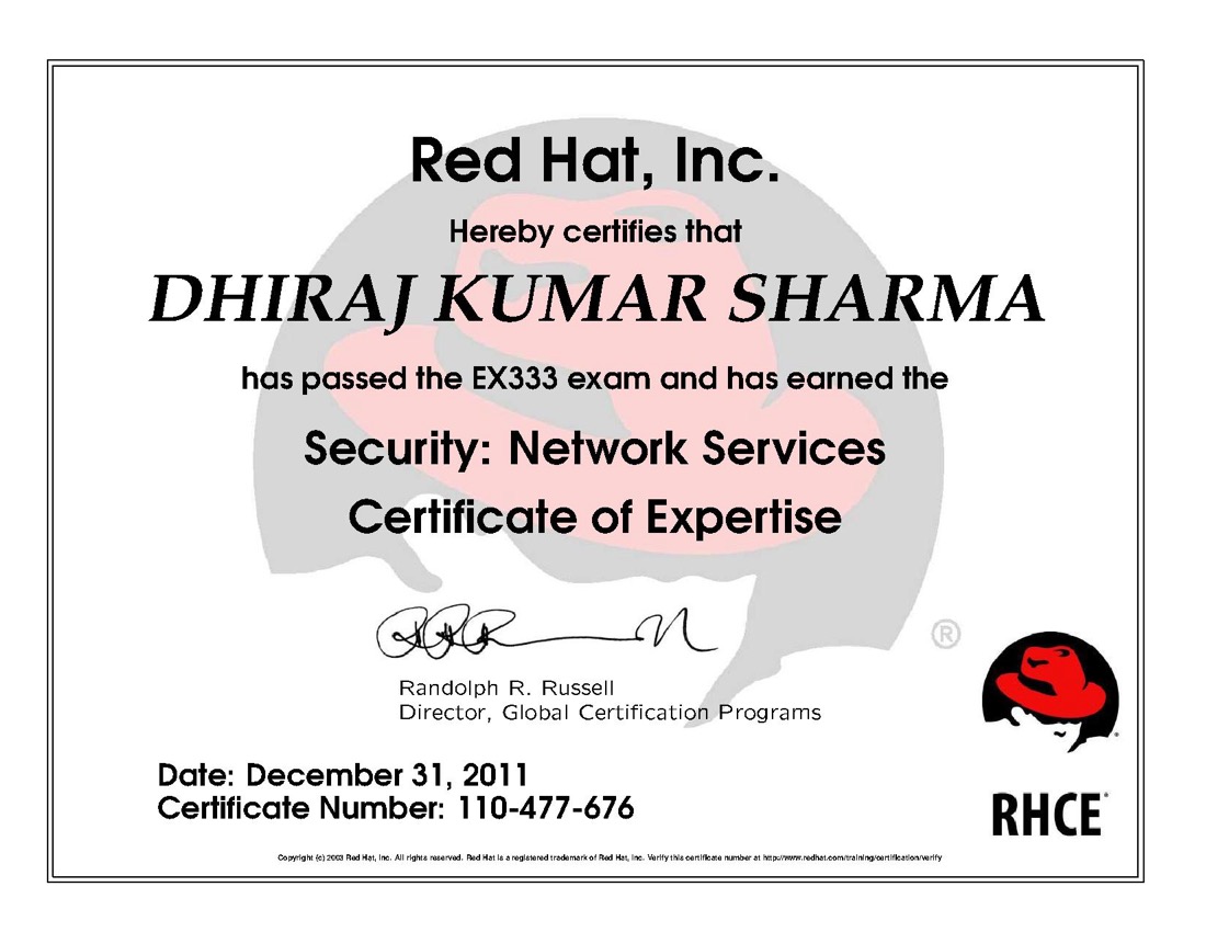 Red Hat certificate: EX333 Security, Network Services Certificate of Expertise