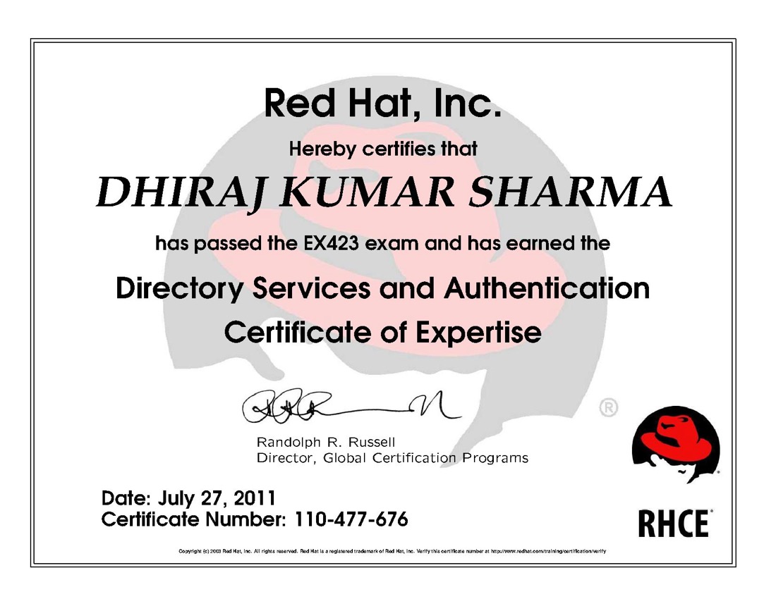 Red Hat certificate: EX423 Directory Services and Authentication Certificate of Expertise