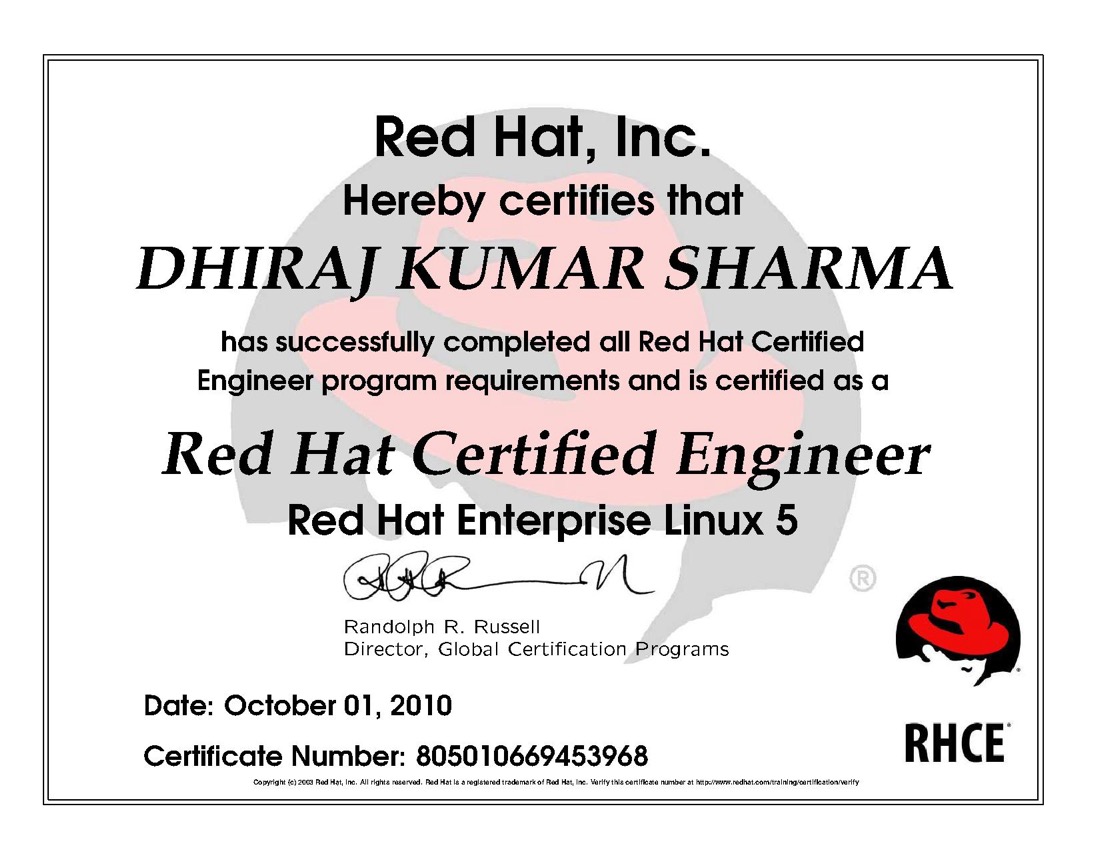 Red Hat certificate: Red Hat Certified Engineer, Red Hat Enterprise Linux 5